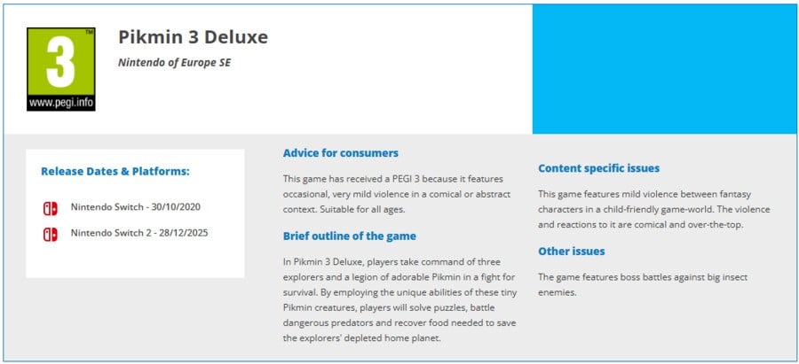 图片[2]-《皮克敏3 豪华版》任天堂 Switch 2 评级信息曝光